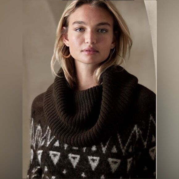 Banana Republic Oversized Chocolate Brown Wool Sweater Aztec Cowl Neck Sz L Boho - Picture 1 of 13